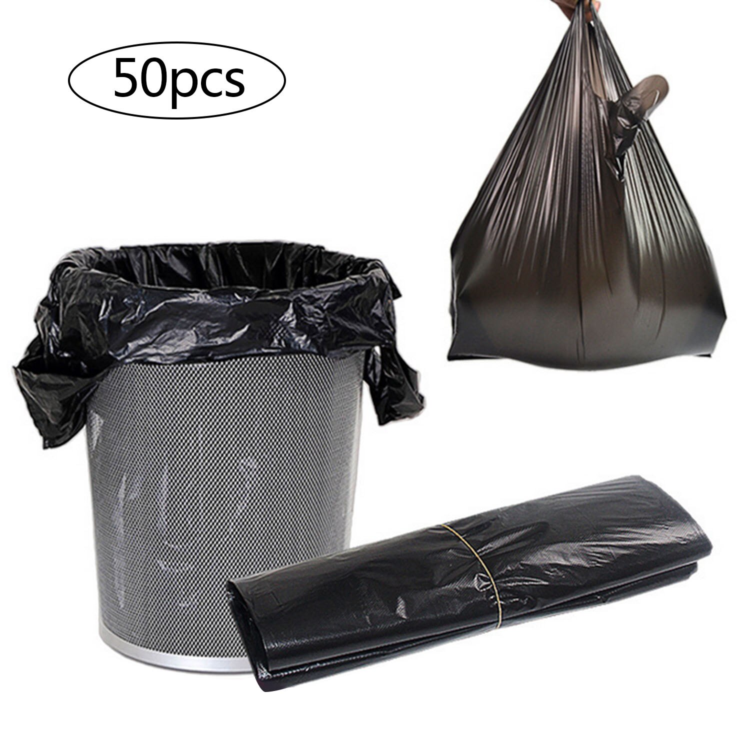 1 Roll/50pcs Disposable Thicken Garbage Bag Trash Can Vest Type Rubbish Bags Kitchen Waste Bag Black Privacy Plastic Trash Bags