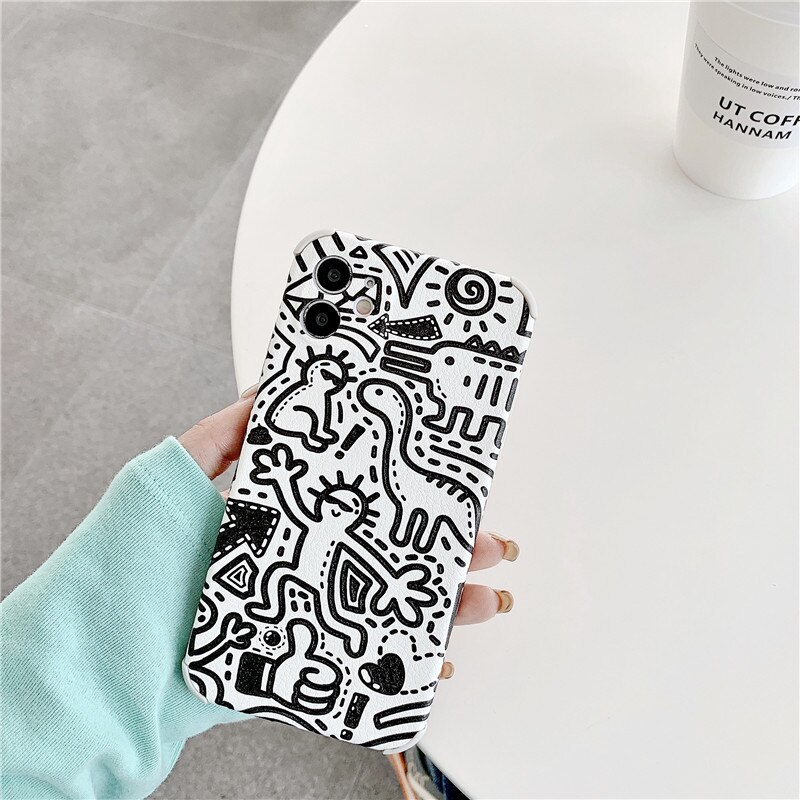 Retro dinosaurus wanddecoratie doodle japanse telefoonhoesje voor apple iphone 12, 11 pro max xr, xs max 7, 8 plus, 7 plus hoesje schattige zachte hoes