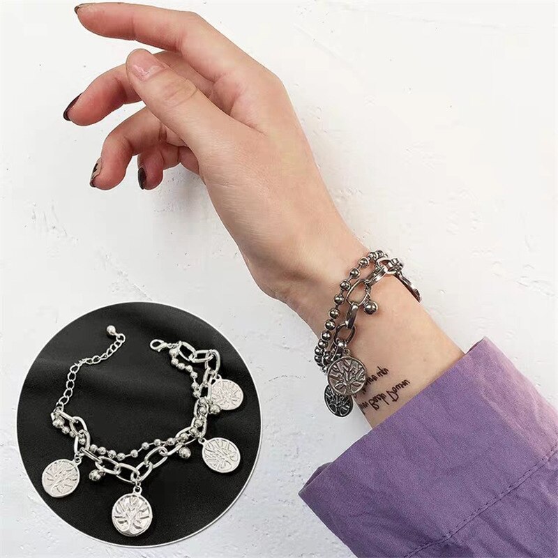 Zilver Kleur Gelaagde Ketting Armband Voor Vrouwen Leven Boom Charme Armband Mode Vrouwelijke Vierkante Link Chain Armband Sieraden