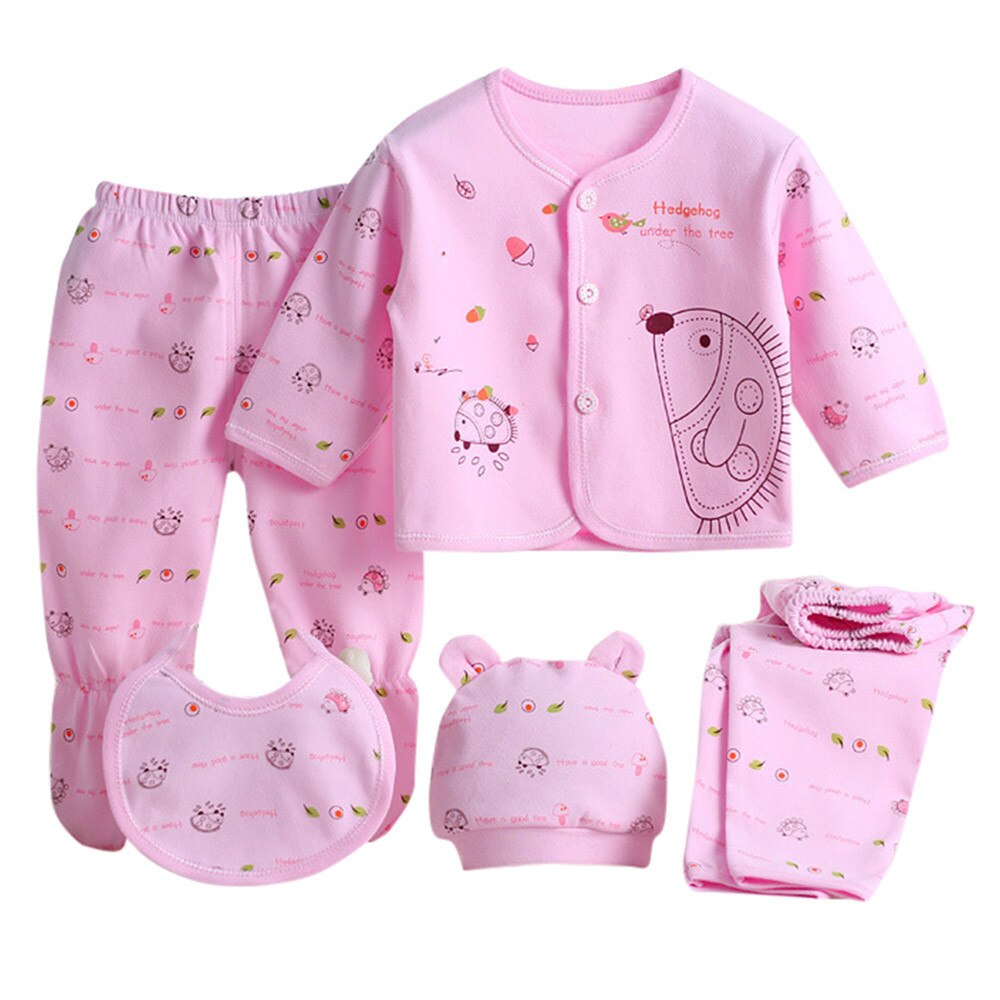 5Pcs Pasgeboren Nachtkleding Set Baby Jongen Meisje Cartoon Lange Mouwen Tops + Hoed + Broek + Bib Outfit Sets pasgeboren Kleding Детская Одежда: Roze