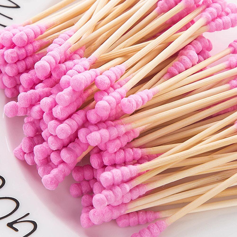 100PCS Cotton Swabs Swab Applicator Q-tips Double Tip Wooden Sticks Ear CleanTool Discharge Makeup Available Cleaning Buds Swab: Pink