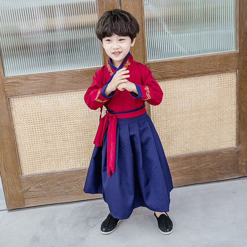 Ano novo meninos tang terno tradicional chinês roupas kung fu oufit 2021 manga longa festival trajes de desempenho palco: Boys red / 90
