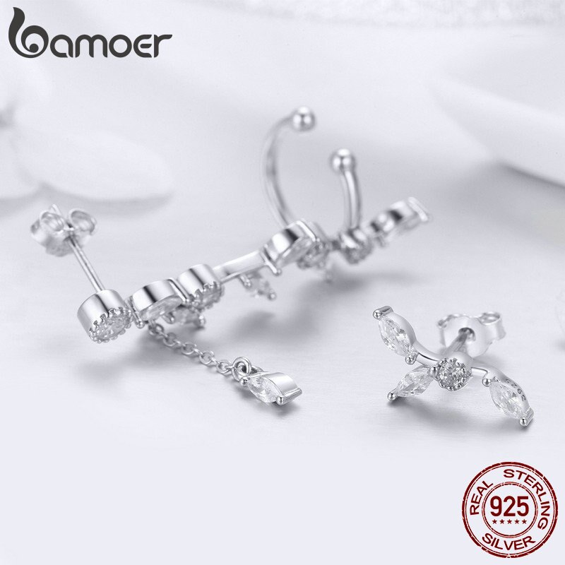 BAMOER Echtem 925 Sterling Silber Plum Blühende Blume Zweig Stud Ohrringe für Frauen Klar CZ Silber Schmuck SCE429