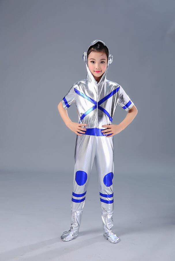 Disfraz de Robot para niños blanco plata astronauta actuación espacio escenario danza Show tiempo ropa Unisex Ropa de baile niño o niña: Silver Short sleeve / Height 90-100cm