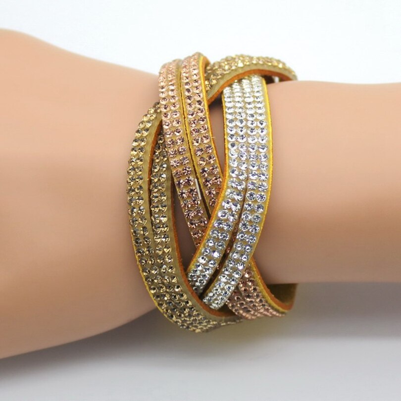 XQNI, pulsera clásica de piel para mujer, brazalete de 18cm de gran con diamantes de imitación envueltas, dije de cristal, pulsera de mujer, joyería