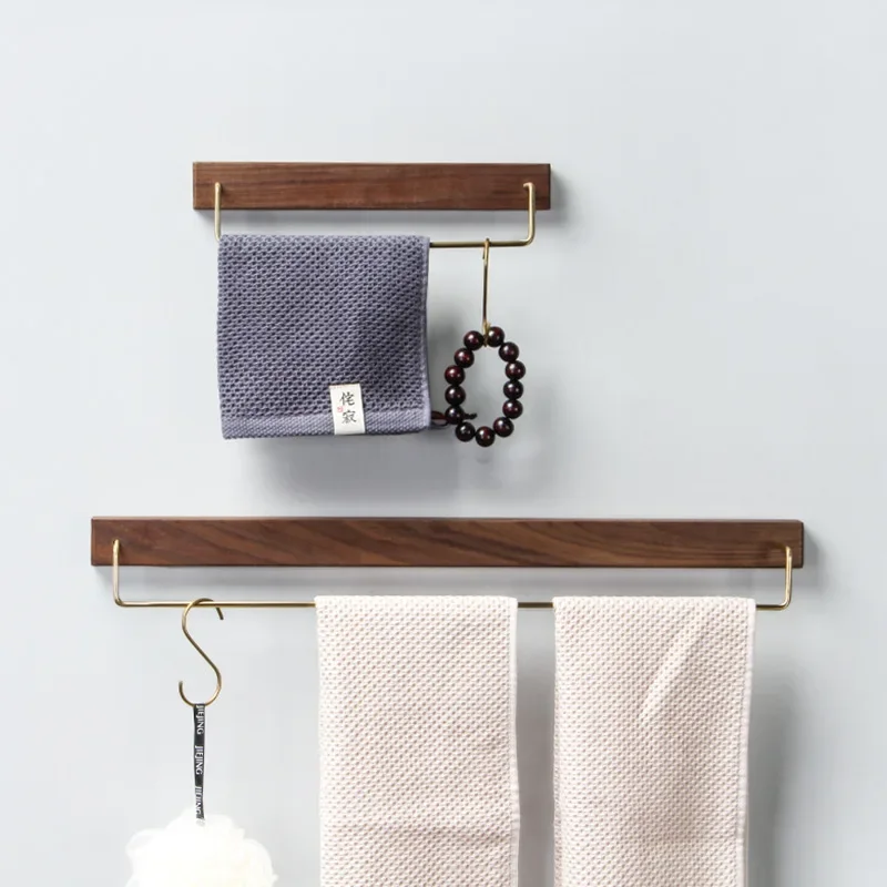 60CM Black Walnut Wood Towel Rack Wall Mounted Retro Towel Bar Wooden Holder Brass Towel Rail Brass Hooks for Bathroom Kitchen