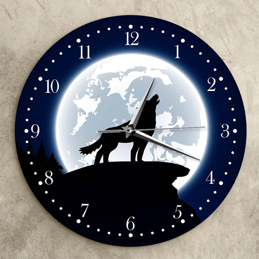 Howling Wolf With Moon Wall Clock Wildlife Animal Wolf Wall Clock Modern Grey Wolf Man Cave Living Room Home Decor