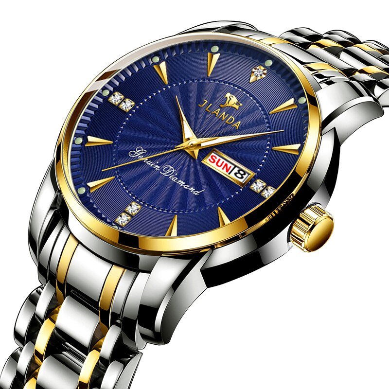 JLANDA-Reloj de pulsera de acero inoxidable para Hombre, Reloj de lujo clásico, de negocios, con fecha y semana, de cuarzo: Blue Gold