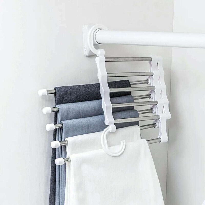 Stainless Steel Hangers Storage Tie Clips Multi-function 5 Layers Clothes Pants Rack Jeans Drying Rack Double Hooks Save Space: White