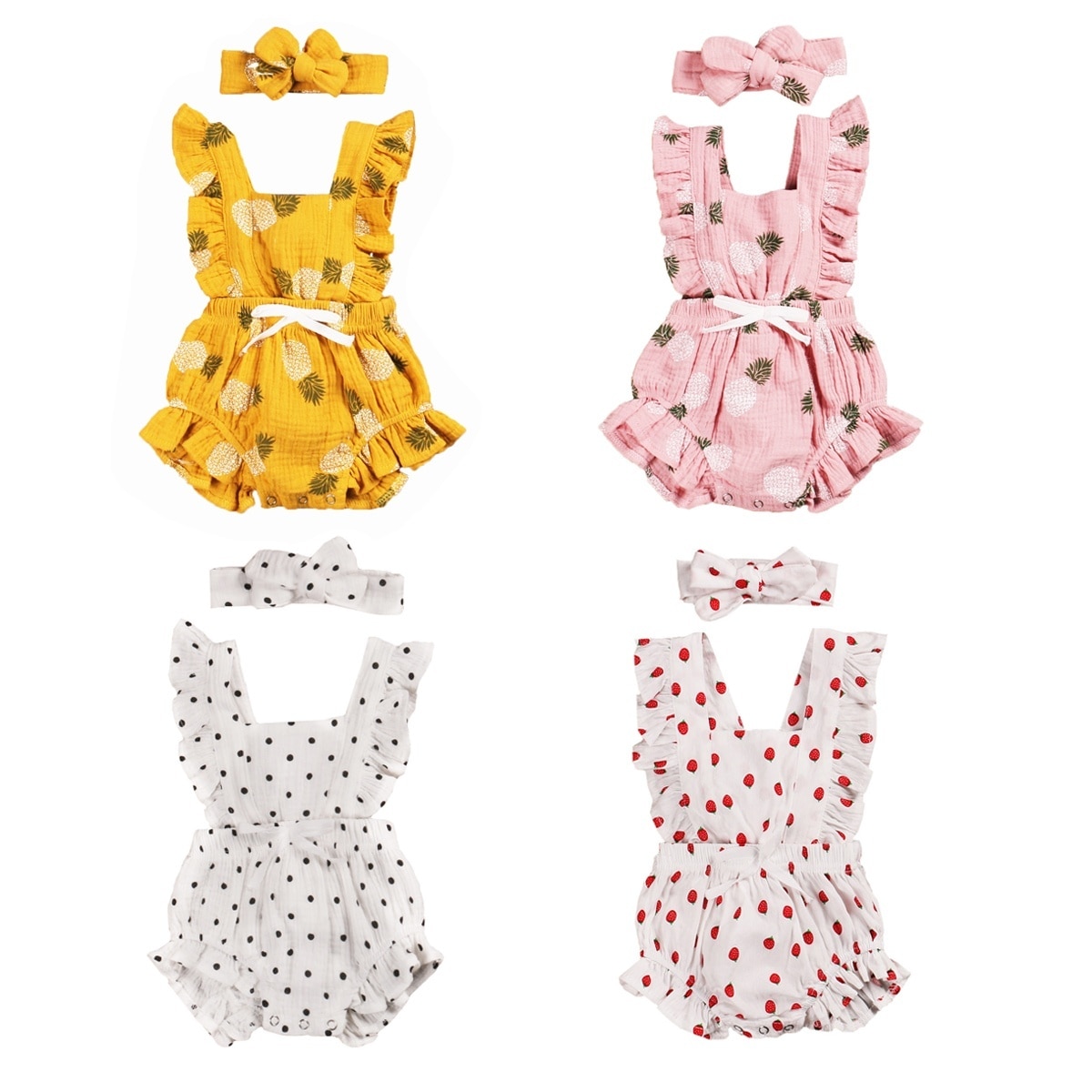 4 Kleuren 0-24M Nieuw Zomer Kids Baby Meisjes Jongens Romper Ananas Polka Print Ruches Mouwloze Jumpsuits Hoofdband