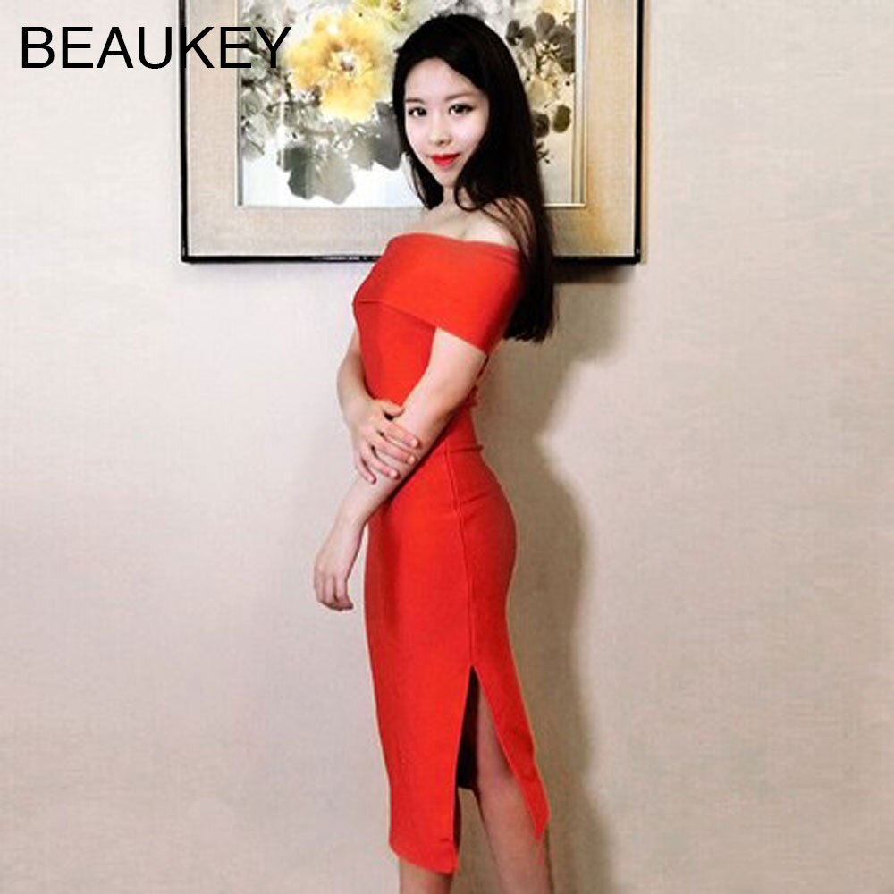 Red Off Shoulder Knee Length Rayon Knitted Elastic Bodycon Bandage Dress