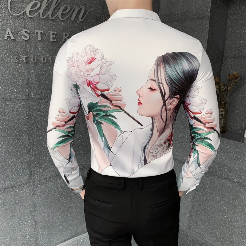 Camisa social masculina streetwear miesten paita brittiläistä tyyliä miesten pitkähihaiset paidat painatus korealaiset miesten paita rento slim fit