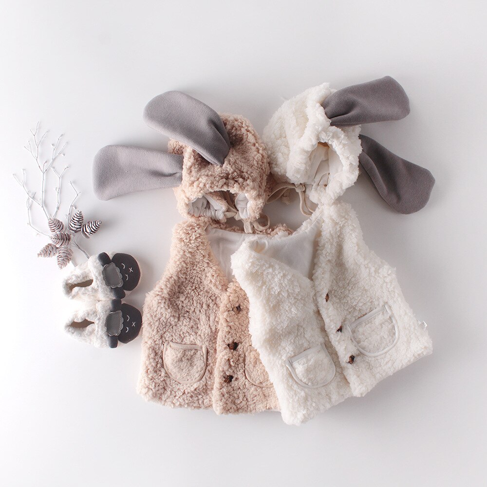 0-2years Baby Girls Baby Boys White Vest Infant Toddler Cardigan Solid Color Lamb Velvet Vest Coat Hat 2pcs KF638