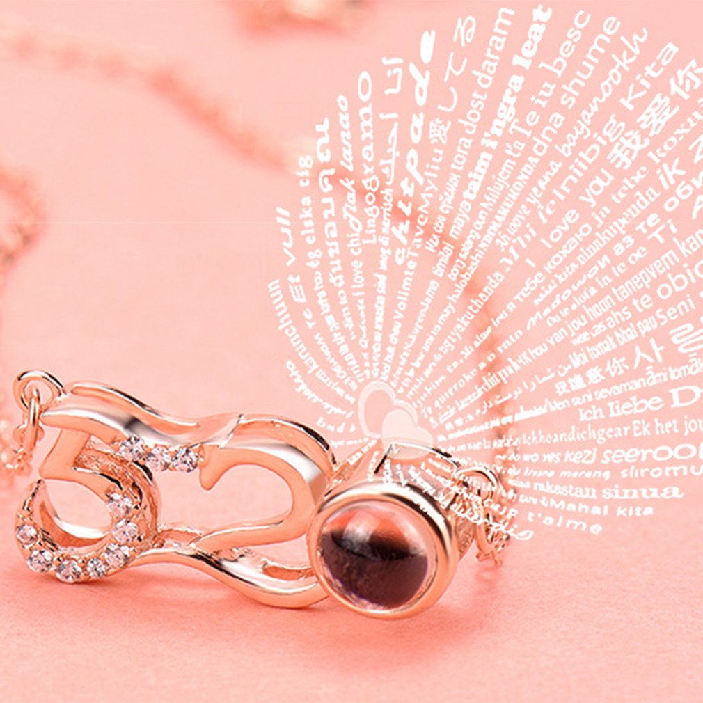 Rose Gold&Silver 100 languages I love you Projection Clavicle Romantic Memory Wedding Necklace Rose Gold Silver