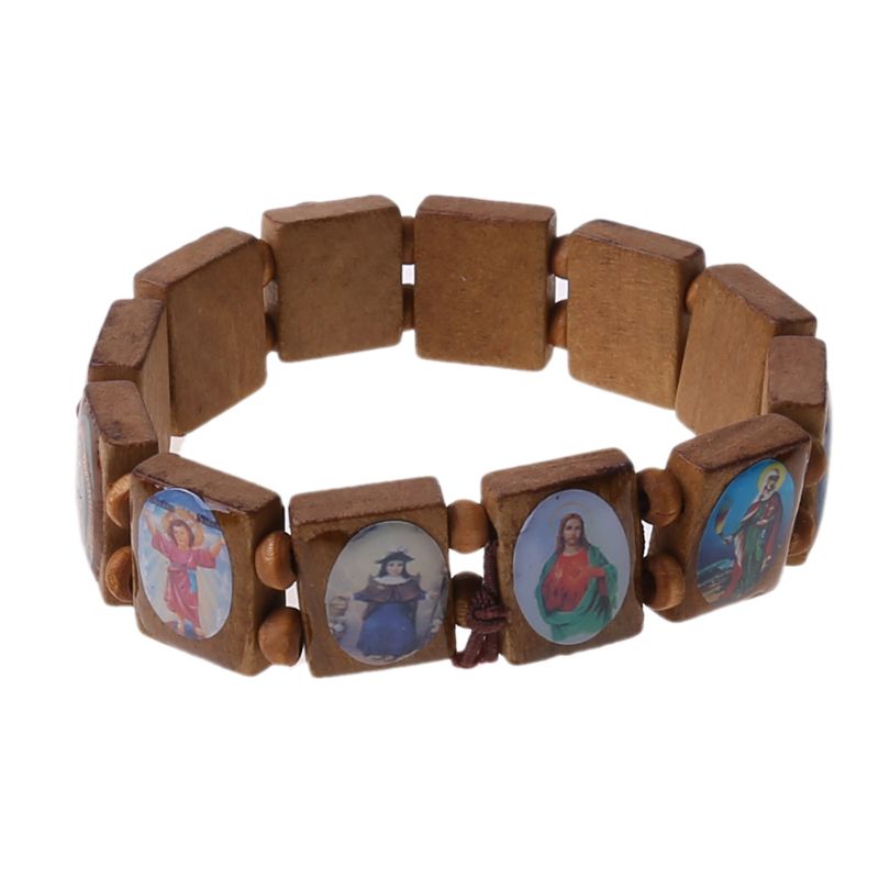 4Pcs Katholieke Sieraden Christian Levert Houten Icoon Elastische Bead Armband