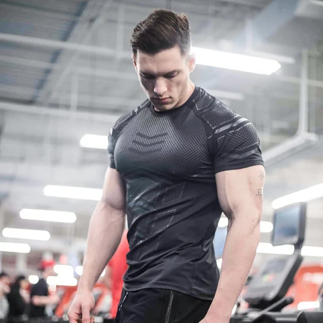 Men Compression Skinny T-shirt Gym Fitness Bodybuilding Shirt Male Summer Running Workout Quick Dry Tee Tops Training Clothing: M / black