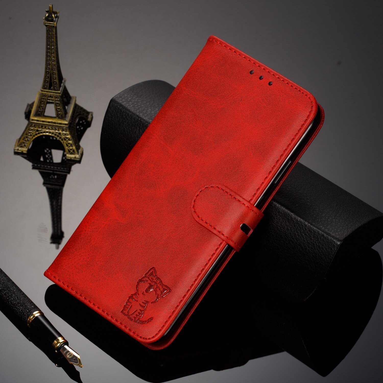 Happy cat-patroon telefoonhoesje voor samsung galaxy  m21 magnetische flip pu portemonnee leren hoesje voor samsung  m21 cover met kaartsleuf: Rood