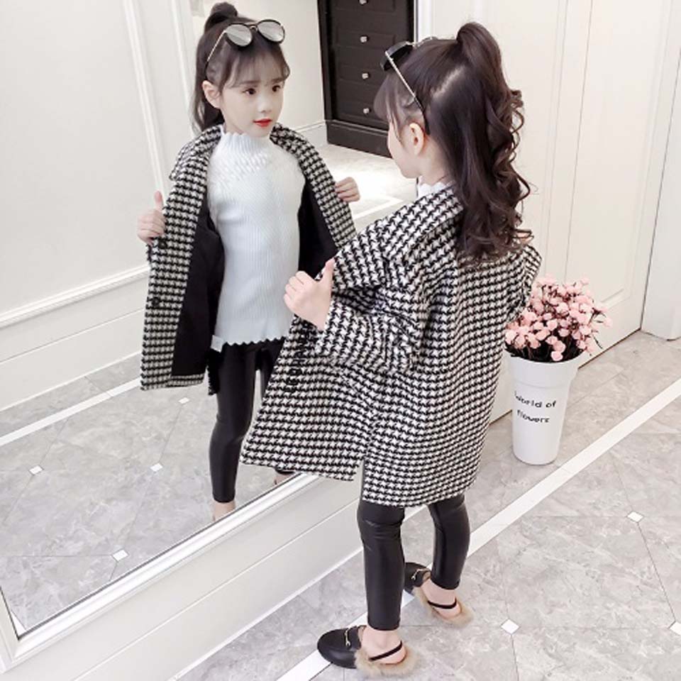 Veste coupe-vent en laine pour fille, manteau Long d'hiver, automne, vêtements chauds d'extérieur, Plaid, 020
