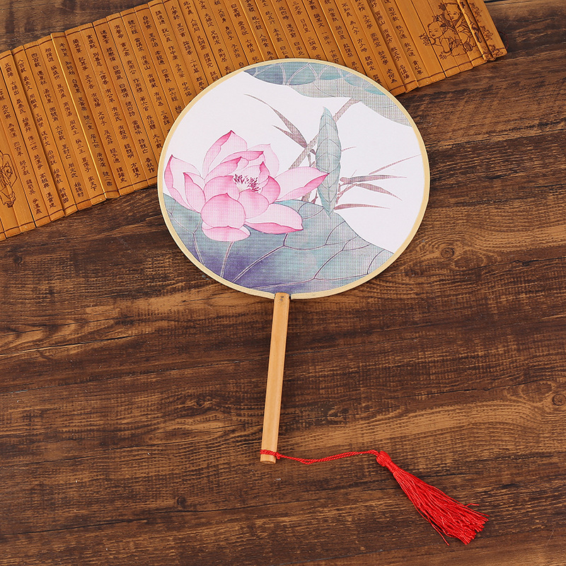 Vintage Round Fan Long Handle Tassel Dancing Hanfu Circular Fan Ancient Chinese Style Classical Printed Court Round Fan Wedding