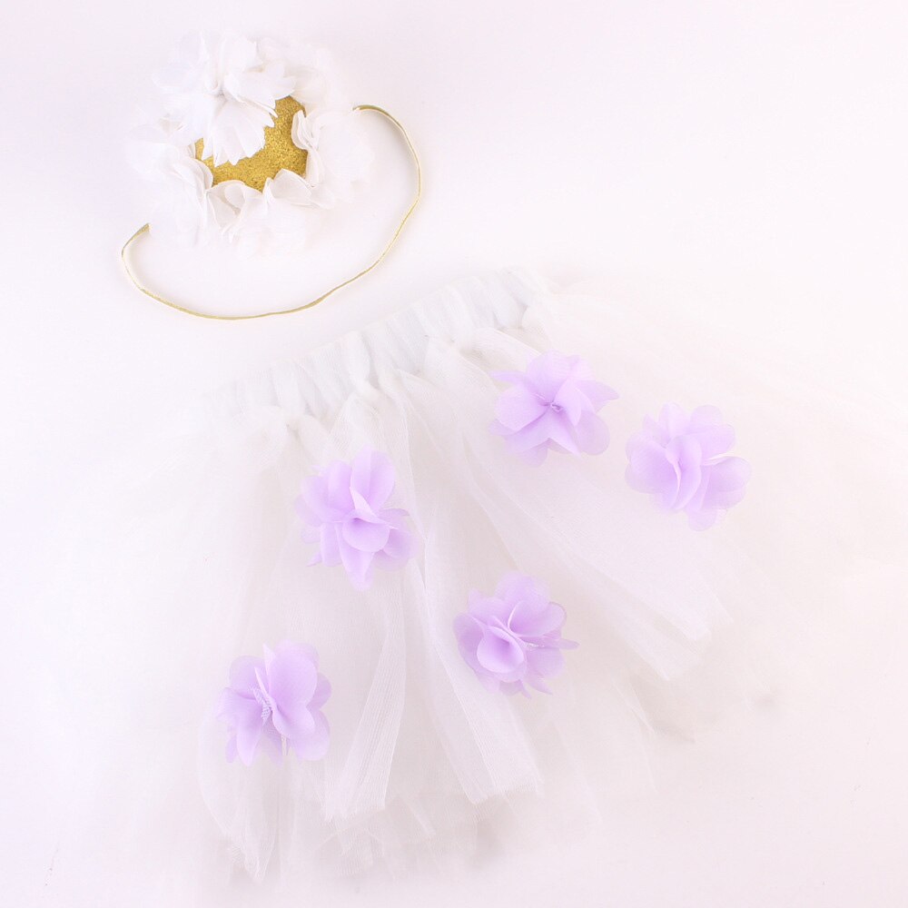 Newborn Baby Girl Tulle Skirt Mesh Fluffy Tutu Skirt With Flowers Decoration+ Princess Crown Headband 2pcs Outfit Photo Costumes: White