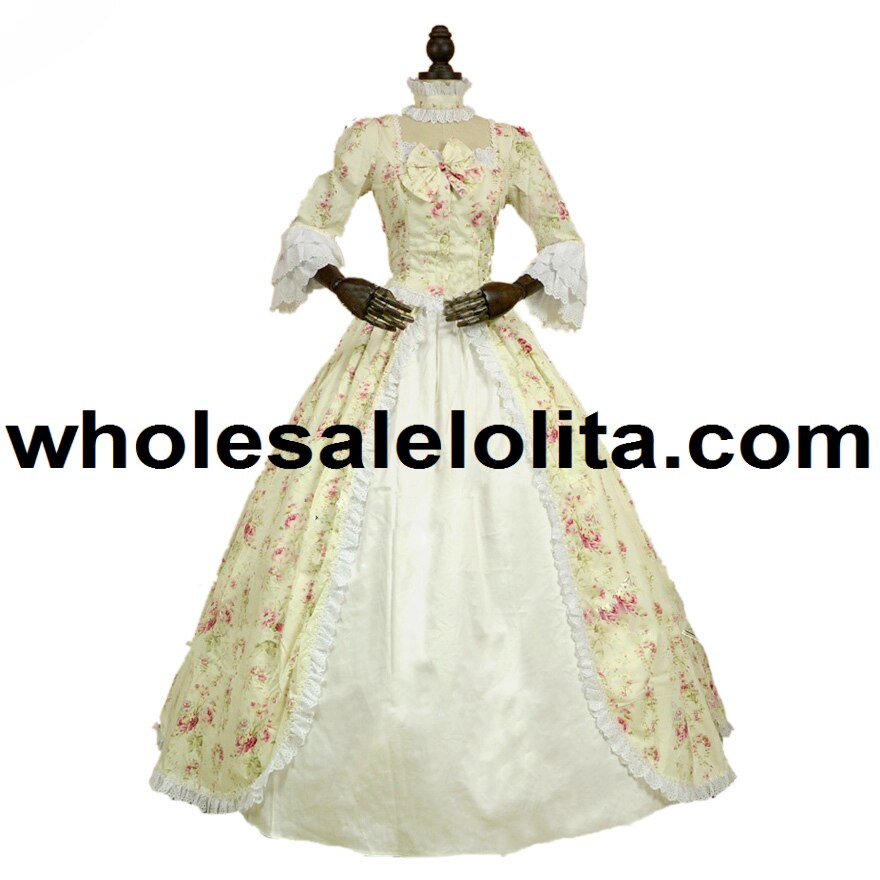 Top Renaissance Colonial Gothic Period Dress Floral Print Gown Reenactment Clothing