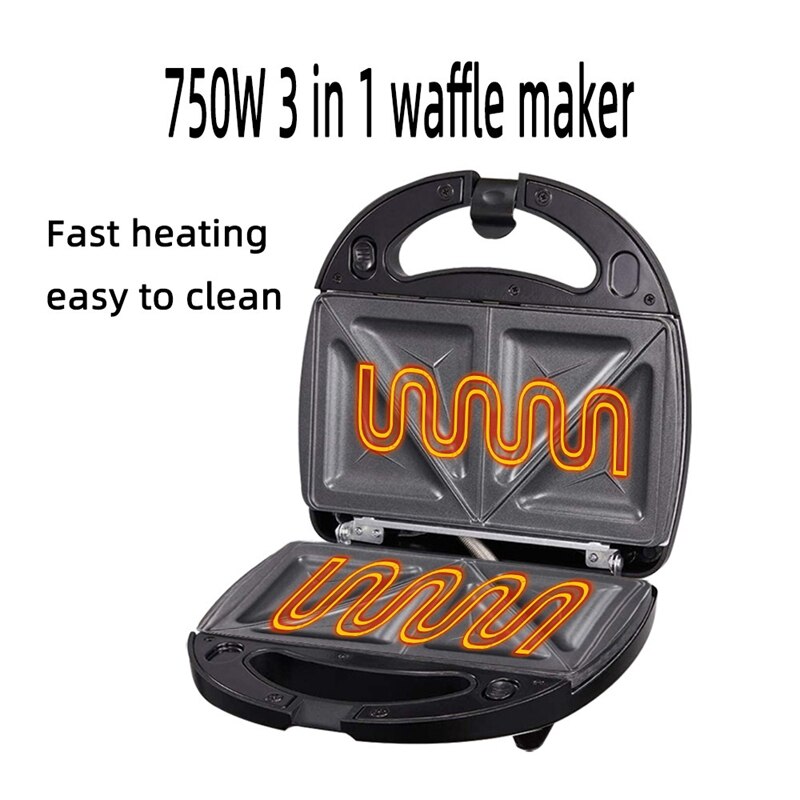 3 in 1 Sandwich Press Waffle and Steak Machine 750W Sandwich Toaster with 3 Detachable Non-Stick Plates US Plug