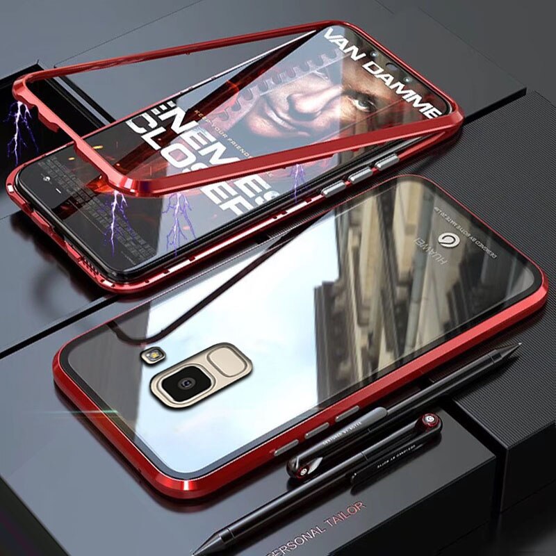 YonLinTan Coque cover Case For Samsung galaxy J6 plus J6Plus J 6 Metal magnetic Frame adsorption tempered glass cases: For Samsung J6 plus / red