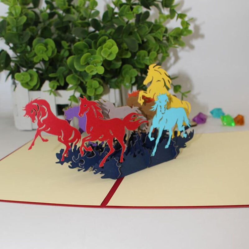 3D Handmade Art Of Calligraphy Colorful Galloping Horse Paper Invitation Greeting Cards Hollowed-out Business Greeting Card