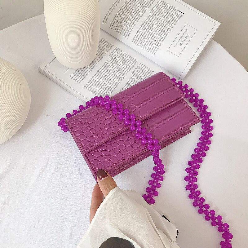 Mini pierre rabat petit sac carré été en cuir PU femmes sac à main perlé épaule sac à bandoulière: Purple large