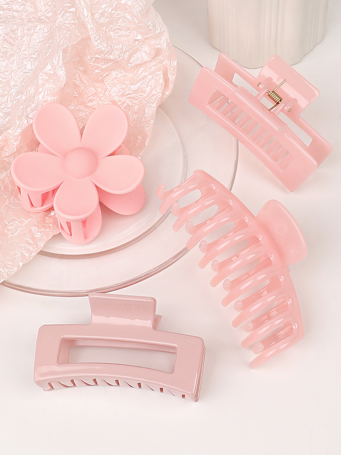 4 pçs cores rosa grampos de garra de cabelo acessórios com multi-estilos, clipes de garra de flor para cabelo grosso, grampos de cabelo para mulher antiderrapante: Rosa