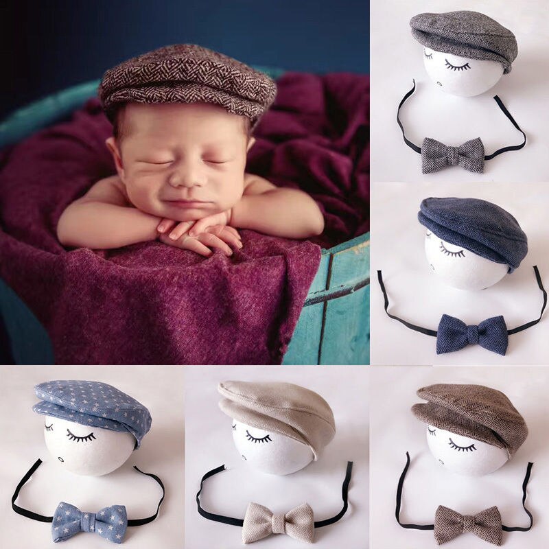 Pasgeboren Jongens Muts + Vlinderdas Set Schattige Baby Jongen Piekte Beanie Cap Vlinderdas Foto Fotografie Prop Outfit Baby jongens Caps Set