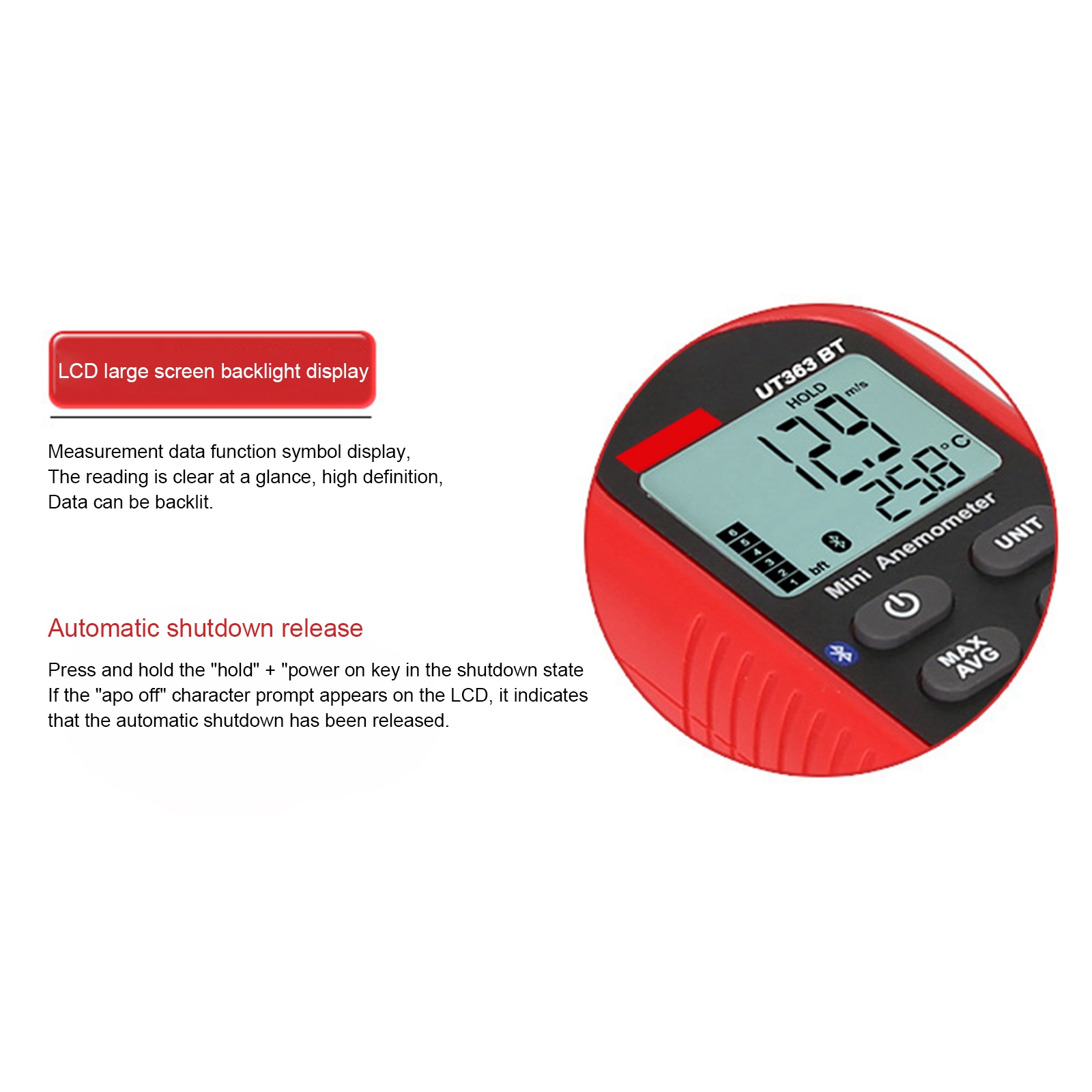 UT363BT Digital Anemometer Handheld Wind Speed Meter Bluetooth Wind Sensor Outdoor Thermometer LCD Display Measuring Device