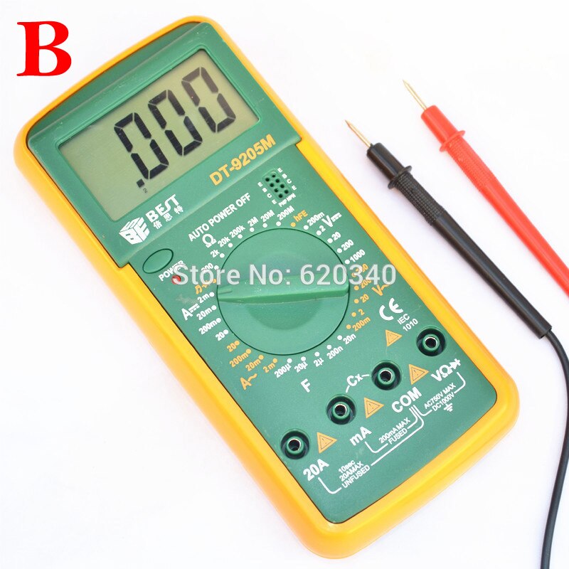 BEST DT9205M LCD Digital Multimeter Voltmeter Ohmmeter Ammeter Capacitance Tester + Glass Fuses + Probe Wire Pen Cable + Probe: B