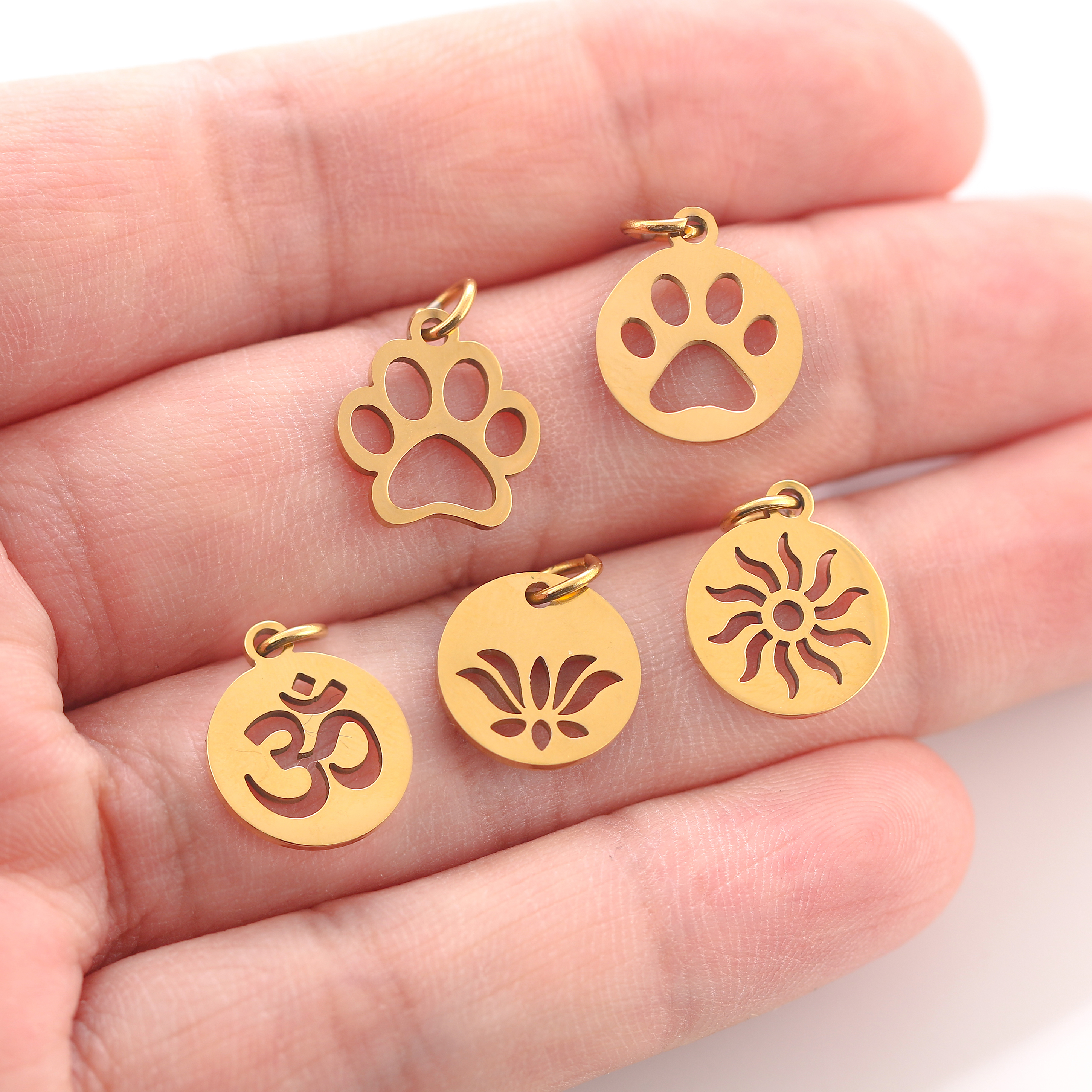 5 stuks/set dierenklauw bedeltjes van roestvrij staal: kat/olifant/kolibrie/yoga bedeltje voor het maken van doe-het-zelf kettingen, oorbellen, sieraden en hangers