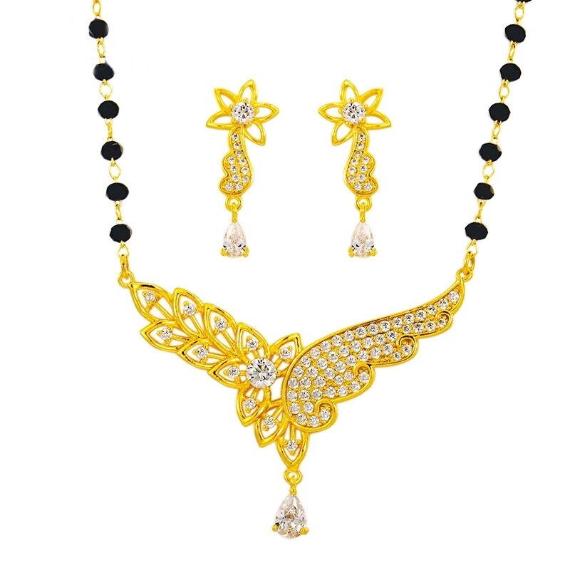 OMHXFC ET30 Europese Mode Vrouw Meisje Party Verjaardag Huwelijkscadeau Wing 24KT Gouden Ketting + Stud Oorbellen Sieraden Set: Default Title