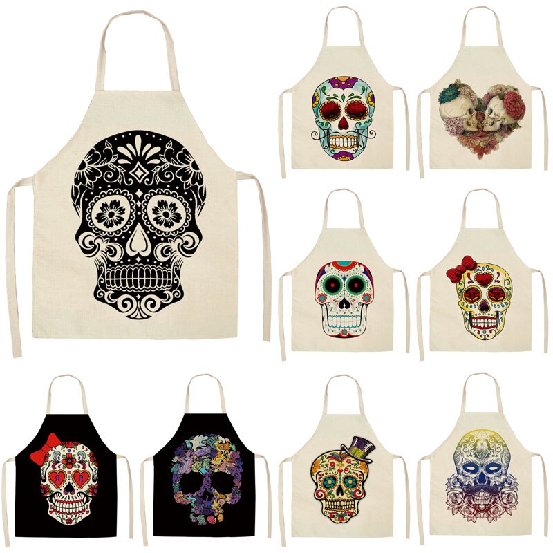 1Pc Skull Pattern Kitchen Chef Apron for Cooking Sleeveless Cotton Linen Aprons Adult Bibs Home Cleaning Accessories 53*65cm