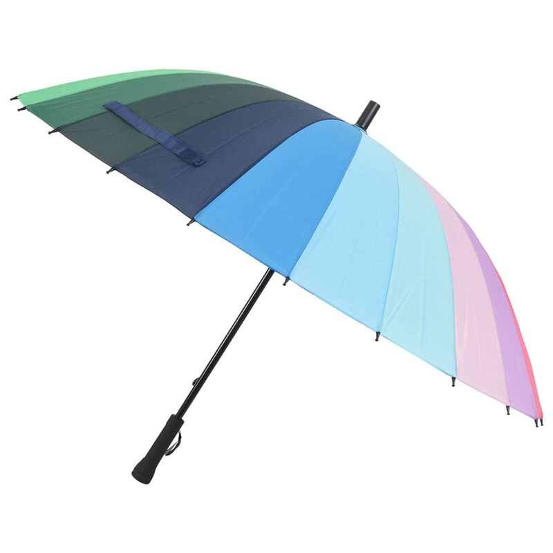 24k ribkleurige regenboog lange steel rechte anti-uv zon/regen stok paraplu handmatige grote parasol