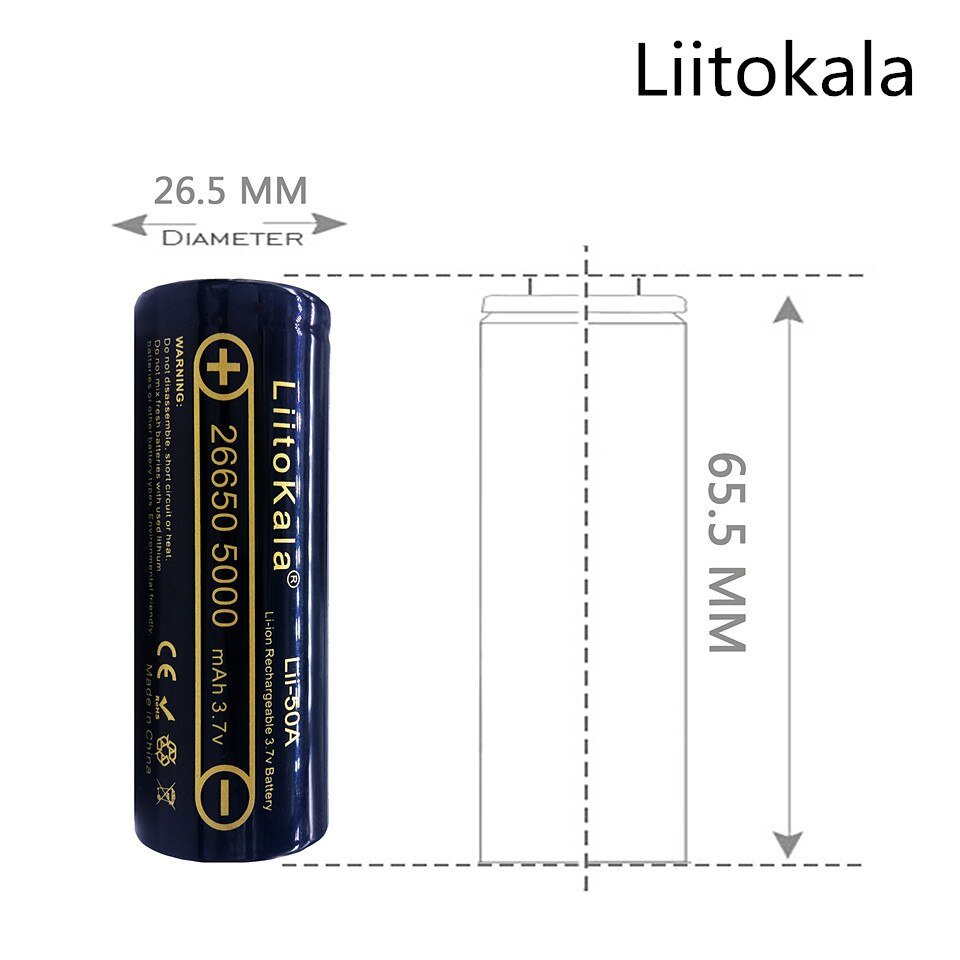 Liitokala 100% originele lii-50a3.7 v 5000 mah 26650 bateria inr 26650-20a baterias recargables para linterna/microfono