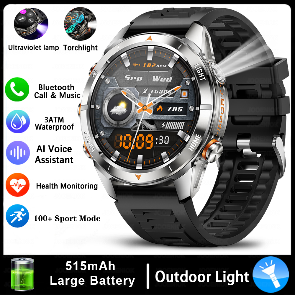 Quatro botões bluetooth chamada relógio inteligente masculino 1.43 Polegada hd sreen 100 + esportes 3atm lanterna à prova dwaterproof água smartwatch homem para huawei: Preto