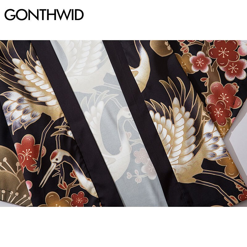 GONTHWID Harajuku Japanese Cranes Cherry Blossoms Floral Print Kimono Cardigan Shirts Streetwear Mens Summer Casual Jakcets Tops