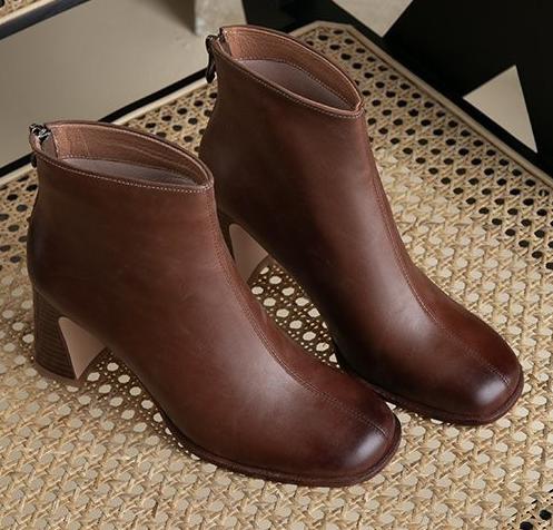 Frauen Stiefeletten hoch Hacke Winter Schuhe Frau Reißverschluss Büro Dame Straßen Schuhe Karree Platz Ferse: Braun / 39