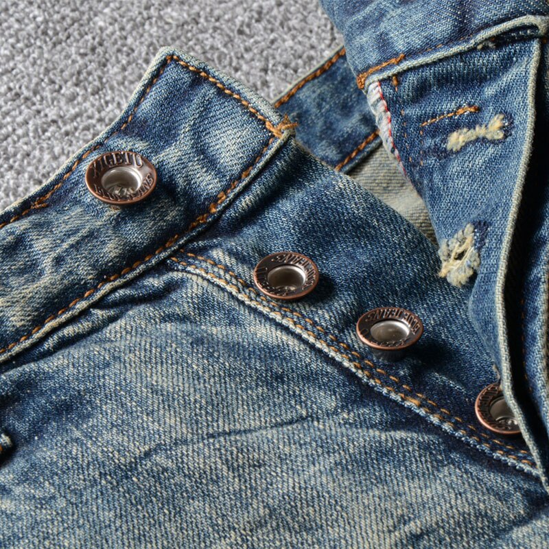Jean classique vintage pour homme, coupe slim délavée rétro, petit pantalon en denim élastique, 98%  jeans en coton, jeans basiques à boutons