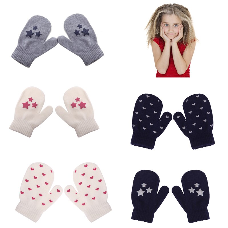 White, Blue, Gray Kids Dot Star Heart Pattern Mittens Boys Girls Soft Knitting Warm Gloves
