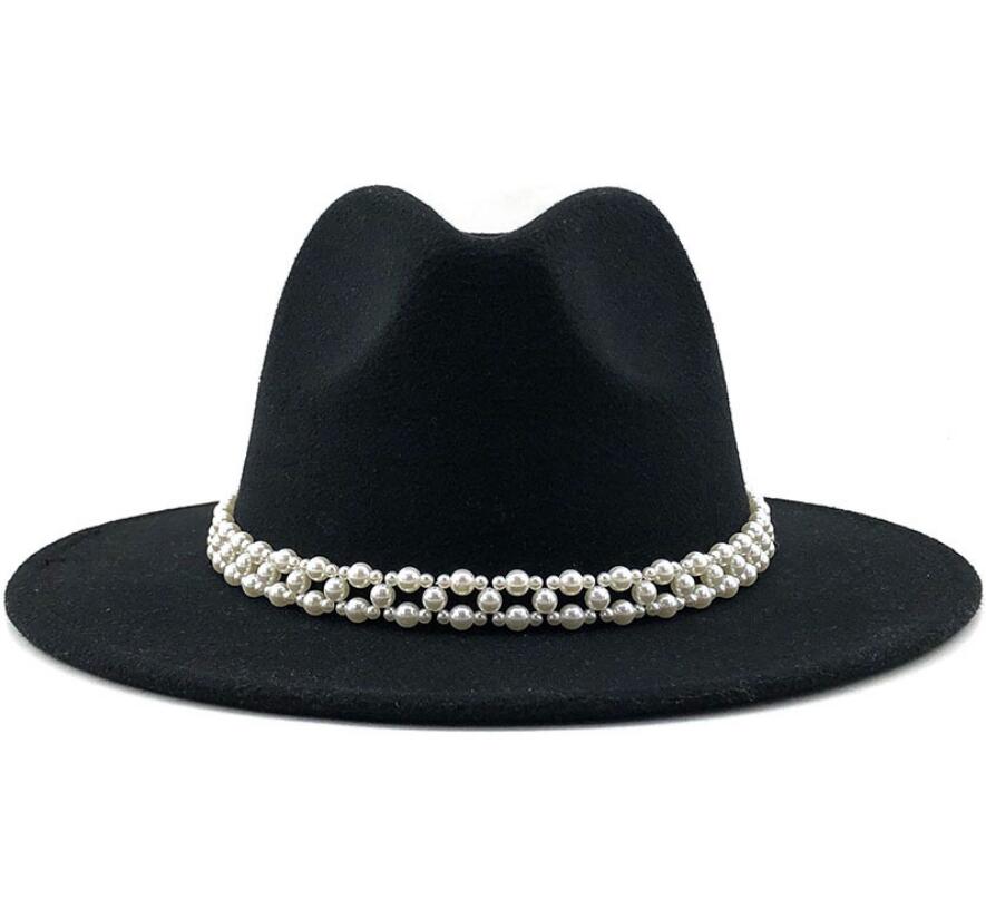 Women Wool Fedora Hat with Imitation Pearl Ribbon Gentleman Lady Winter Autumn Wide Brim Church Girl Jazz Cap: WYH-4957-16