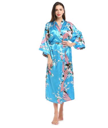 Peignoir kimono en satin pour femmes, vêtements de nuit longs, en élasthanne, motif imprimé paon floral, pour fête, mariage, demoiselle d'honneur: S / Gris foncé