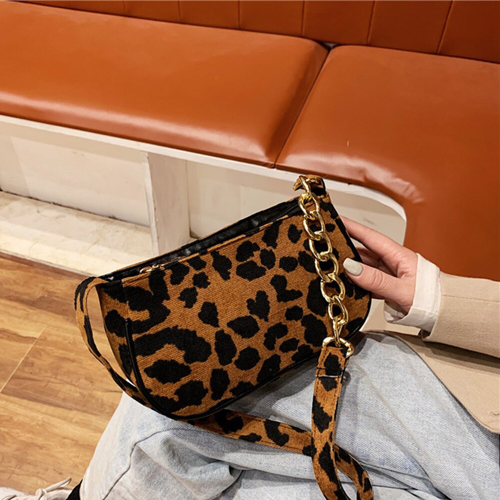 Leopard aufbringen Kette Umhängetaschen Pu Leder Unterarm Handtasche Jahrgang Weibliche Geldbörse Straße Plüsch Frauen Schulter Tasche