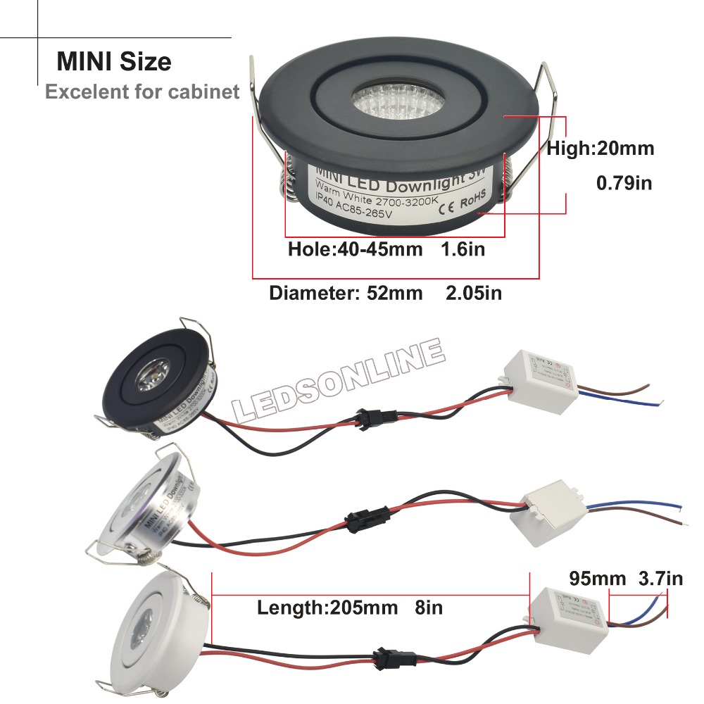Mini COB LED Spot - 12V 3W - 40-45mm Utkutt - Aluminium Kropp - Montre & Skap Belysning