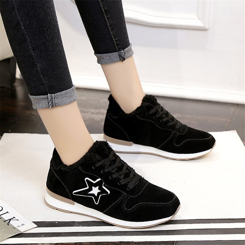 Women's Fur Lined Sneakers - Warm Winter Running Shoes with Rubber Sole & Star Pattern