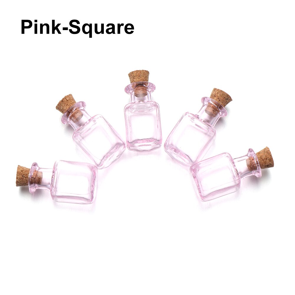 5pcs/pack Mini Glass Cork Bottles Empty Sample Jars Wishing Bottle Wedding Home Decoration Pendants Cork Stopper Storage Vial: Pink-Square