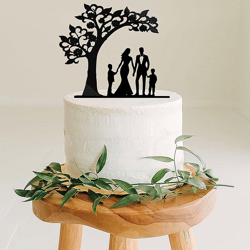 Coppia di topper torta anniverario matrimonio stile albero con 2 bambini sposa e sposo con animale domestico cane gatto ragazzi ragazze famiglia torta topper: XXL / Grigio chiaro